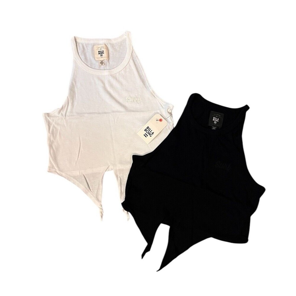 Billabong Women's White and Black Racerback Cropped Tank Tops